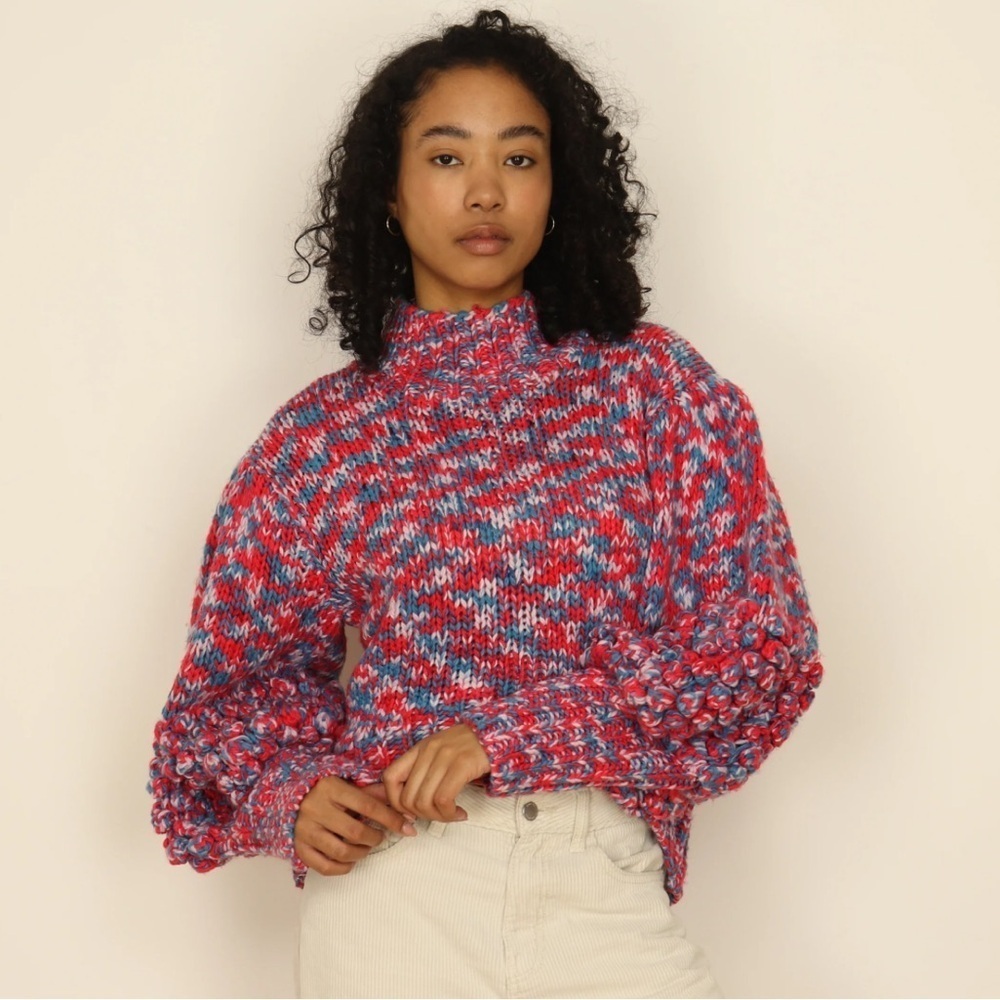 C/Meo Collective Hold Tight Pom Pom Puff Sleeve Knit Sweater Size Small